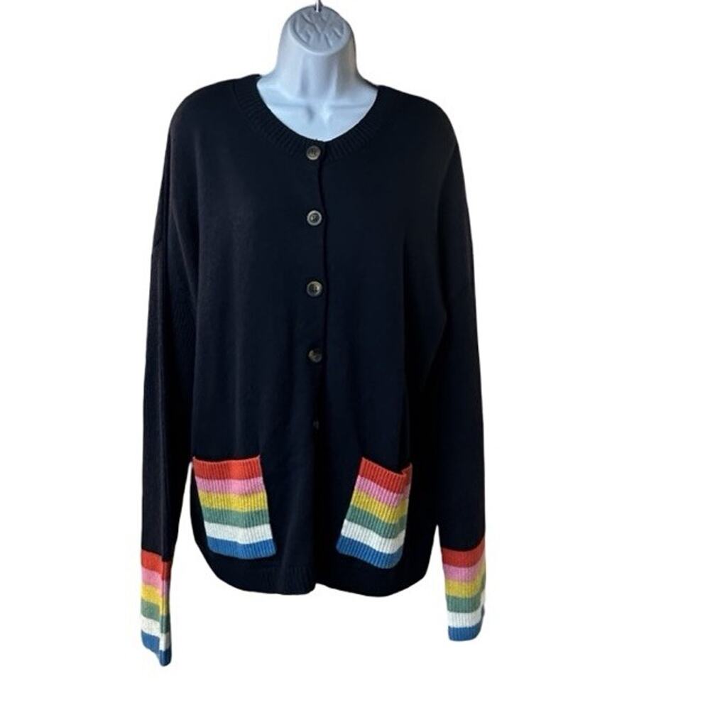Boden Cardigan Sweater Womens 14 Navy Rainbow Stripe Wool Cashmere Pockets